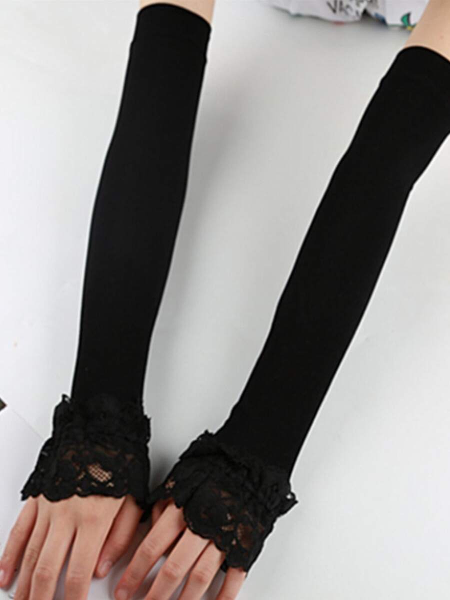 Lace Trim Arm Sleeves - Black - View 1