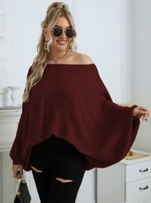 SHEIN Unity Jersey de manga murciélago tejido de canalé - Burdeos - Ver 1