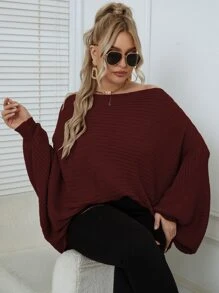 SHEIN Unity Jersey de manga murciélago tejido de canalé - Burdeos - Ver 5