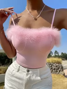 Zolique Áo hai dây Tương phản lông thú giả Gân đan màu trơn Giải trí - Màu Hồng baby - Xem 1