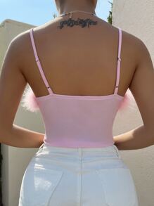 Zolique Áo hai dây Tương phản lông thú giả Gân đan màu trơn Giải trí - Màu Hồng baby - Xem 2