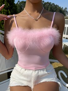 Zolique Áo hai dây Tương phản lông thú giả Gân đan màu trơn Giải trí - Màu Hồng baby - Xem 4