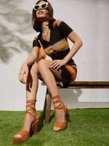 Vegan Suede Studded Sole Elevated Heeled Sandals - Rust Brown - View 1