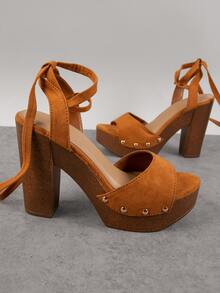 Vegan Suede Studded Sole Elevated Heeled Sandals - Rust Brown - View 3