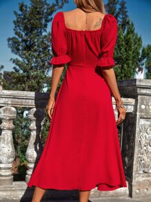 GENKIRA 荷葉袖抽繩高衩緊身洋裝 - 紅色 - 查看 2