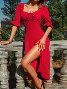 GENKIRA 荷葉袖抽繩高衩緊身洋裝 - 紅色 - 查看 4