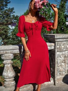 GENKIRA 荷葉袖抽繩高衩緊身洋裝 - 紅色 - 查看 5