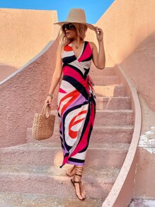 撞色側繫帶繞頸露背圍裹式連衣裙 - 彩色 - 查看 6