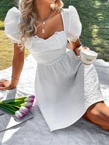 SHEIN Unity 紋理質感泡泡袖緊身連衣裙 - 白色 - 查看 1