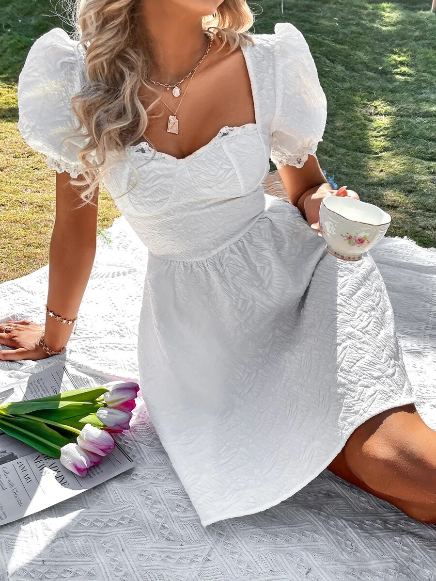 SHEIN Unity 紋理質感泡泡袖緊身連衣裙 - 白色 - 查看 1