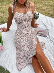 GENKIRA Ditsy Floral Slit Thigh Tie Shoulder Cami Dress - Multicolor - View 4