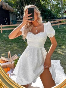 SHEIN Unity 紋理質感泡泡袖緊身連衣裙 - 白色 - 查看 4