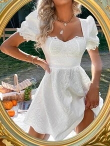 SHEIN Unity 紋理質感泡泡袖緊身連衣裙 - 白色 - 查看 5