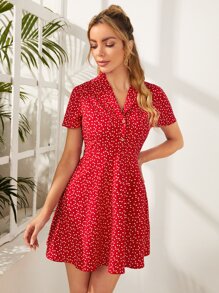 SHEIN Đầm Nút phía trước Tim Chấm bi Boho - Đỏ - Xem 1