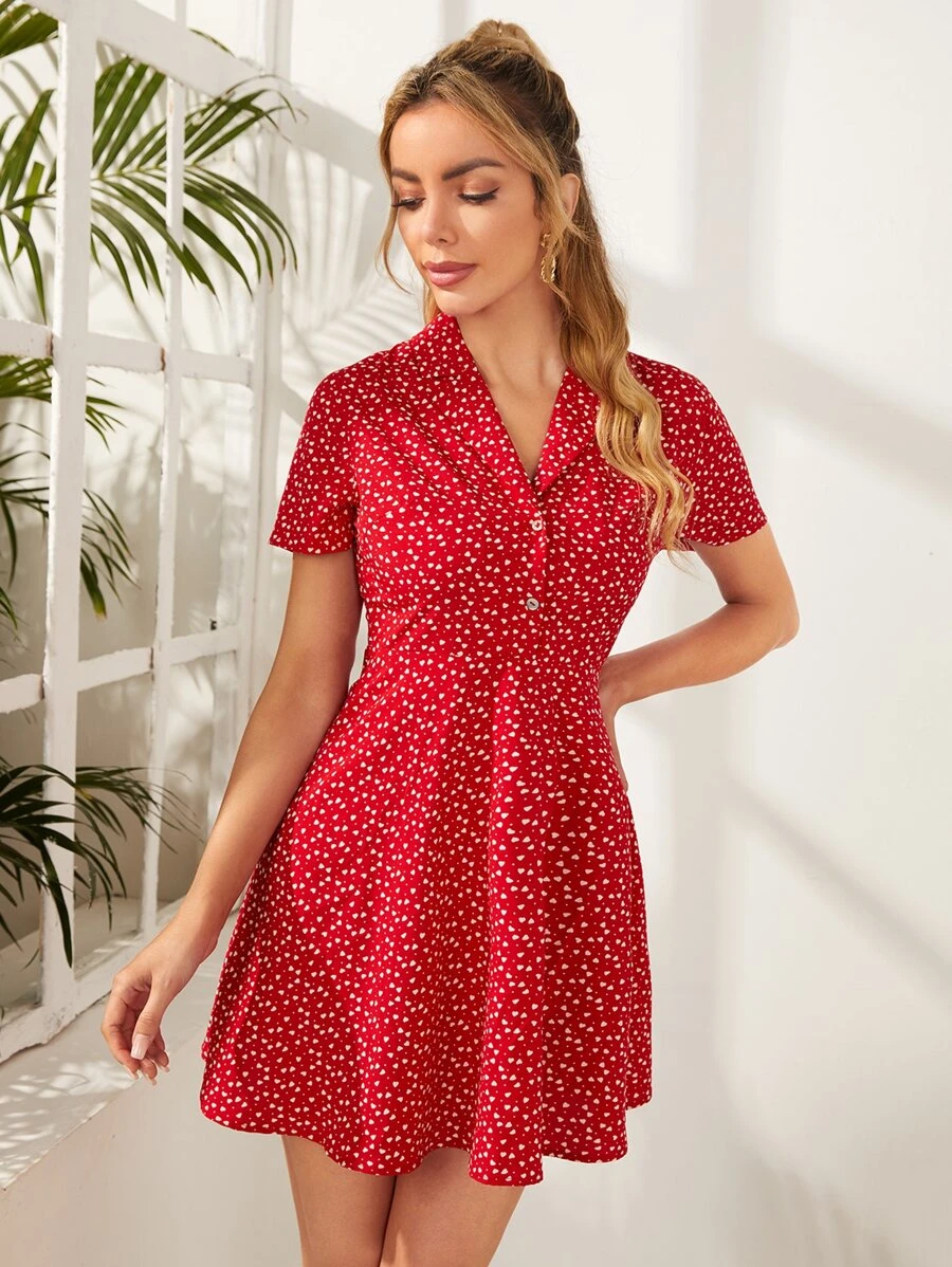 SHEIN Đầm Nút phía trước Tim Chấm bi Boho - Đỏ - Xem 1
