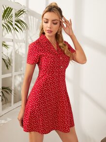 SHEIN Đầm Nút phía trước Tim Chấm bi Boho - Đỏ - Xem 5