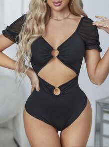 Allurite Áo liền quần ôm nữ Tương phản Mesh Cắt ra Nhẫn màu trơn Gợi cảm - màu đen - Xem 4