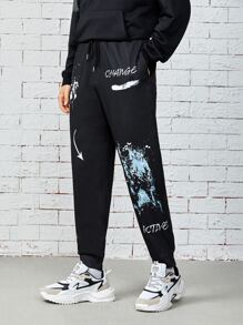 Manfinity Men Drawstring Waist Letter & Graphic Print Sweatpants - Black - View 1
