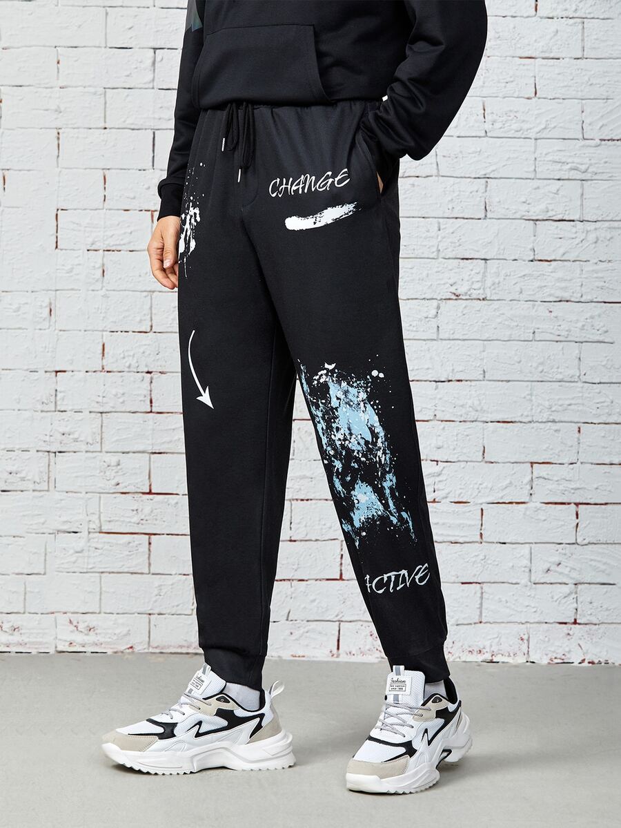 Manfinity Men Drawstring Waist Letter & Graphic Print Sweatpants - Black - View 1