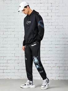 Manfinity Men Drawstring Waist Letter & Graphic Print Sweatpants - Black - View 3