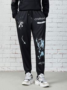 Manfinity Men Drawstring Waist Letter & Graphic Print Sweatpants - Black - View 5