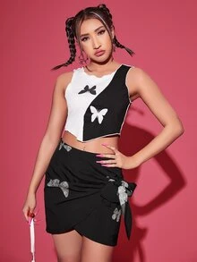 SHEIN Unity Butterfly Print Tie Side Wrap Hem Skirt - Black - View 3