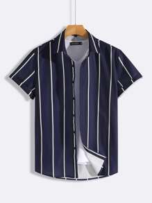 Manfinity 男士隨機條紋印花襯衫不帶T恤 - 藏蓝色 - 查看 1