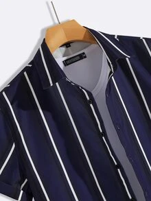 Manfinity 男士隨機條紋印花襯衫不帶T恤 - 藏蓝色 - 查看 3