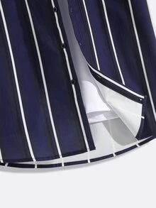 Manfinity 男士隨機條紋印花襯衫不帶T恤 - 藏蓝色 - 查看 4