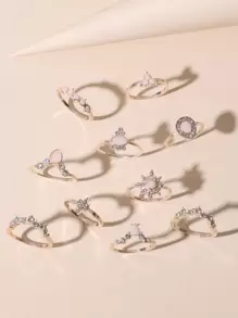 Bộ 10 chiếc nhẫn đính đá hình giọt nước dành cho nữ, hoàn hảo để đeo hàng ngày, đi làm, tiệc tùng, lễ hội và quà sinh nhật - Hoa hồng vàng - Xem 1