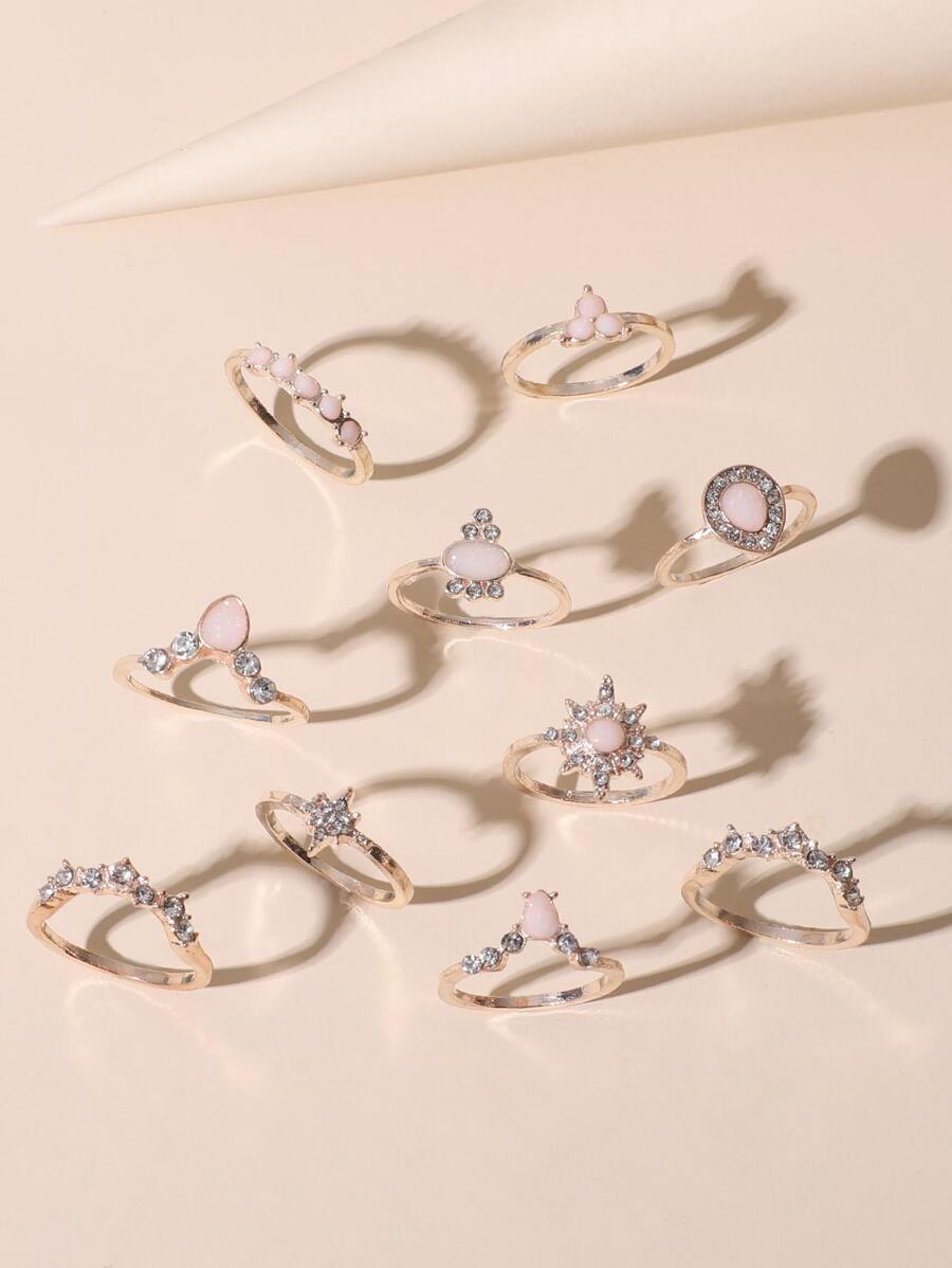 Bộ 10 chiếc nhẫn đính đá hình giọt nước dành cho nữ, hoàn hảo để đeo hàng ngày, đi làm, tiệc tùng, lễ hội và quà sinh nhật - Hoa hồng vàng - Xem 1