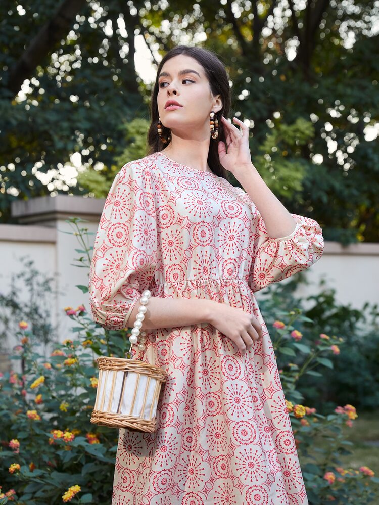 SHEIN Vestido de manga farol con estampado - Rojo y blanco - Ver 4