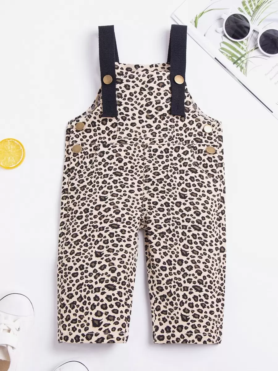 Baby Girl Y2K Streetwear Cute Leopard Print Colorblock Adjustable Strap Denim Bib Pants, All-Season Fashion Versatile Essential