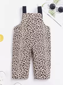 Baby Girl Y2K Streetwear Cute Leopard Print Colorblock Adjustable Strap Denim Bib Pants, All-Season Fashion Versatile Essential