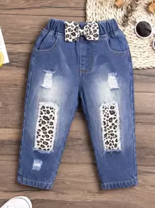 嬰兒拼接豹紋前蝴蝶結破洞補丁貼牛仔褲 - 中等水洗藍 - 查看 1