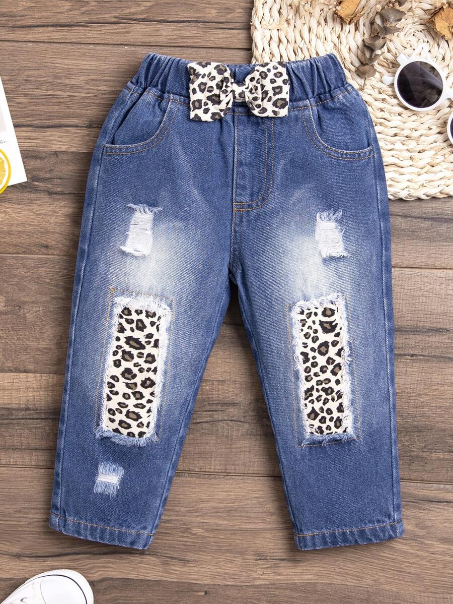 嬰兒拼接豹紋前蝴蝶結破洞補丁貼牛仔褲 - 中等水洗藍 - 查看 1