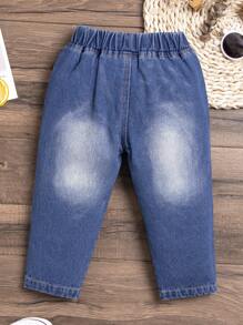 嬰兒拼接豹紋前蝴蝶結破洞補丁貼牛仔褲 - 中等水洗藍 - 查看 2