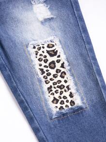 嬰兒拼接豹紋前蝴蝶結破洞補丁貼牛仔褲 - 中等水洗藍 - 查看 5