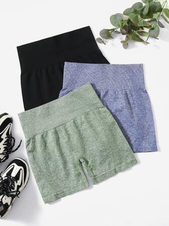 3pcs Seamless Wide Waistband Sports Shorts