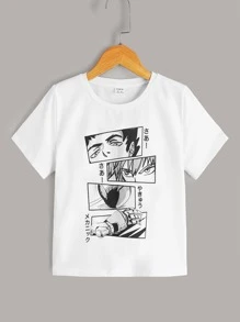 SHEIN Boys Japanese Letter & Figure Graphic Tee - White - View 1