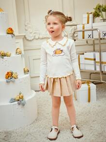 MsChibious 小女童卡通和字母圖案木耳邊T恤 - 白色 - 查看 6