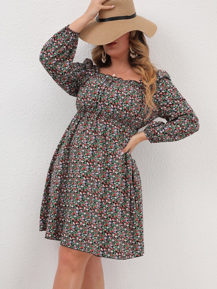 SHEIN Unity Đầm Plus Size viền lá sen Họa tiết hoa Boho - Nhiều màu - Xem 3