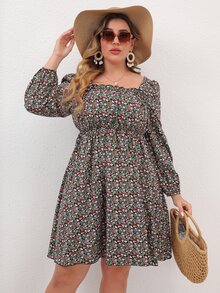 SHEIN Unity Đầm Plus Size viền lá sen Họa tiết hoa Boho - Nhiều màu - Xem 5