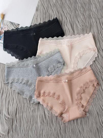 4 Piezas Bragas De Encaje Con Contraste Para Niña En Edad Intermedia
