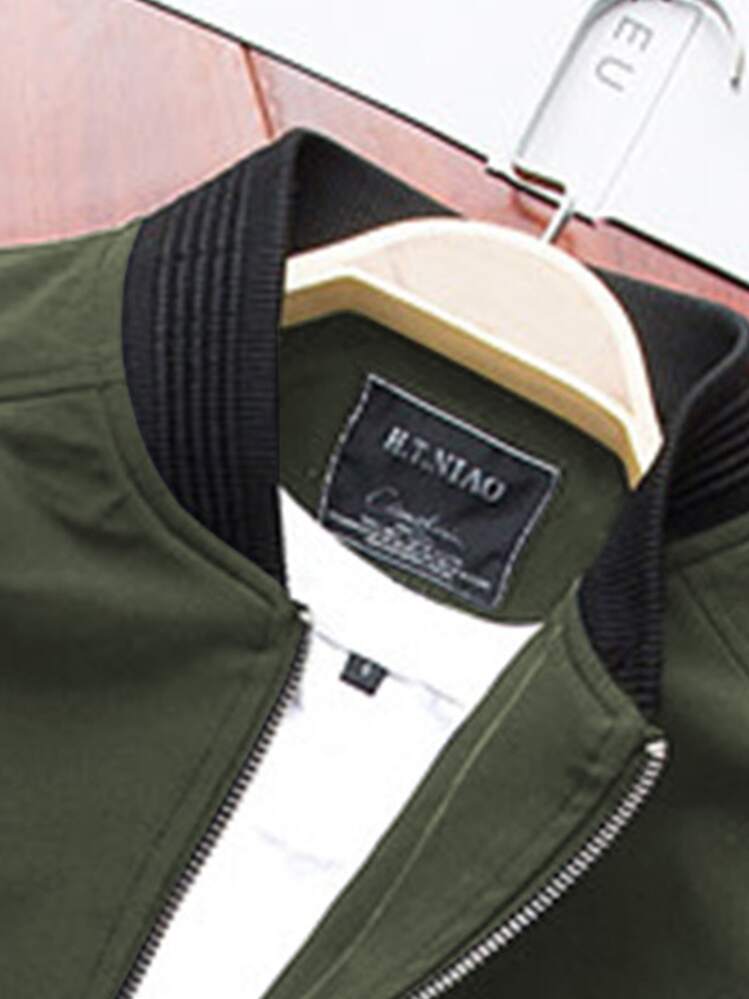 Manfinity Mode Men Zip Up Bomber Jacket Without Tee - Army Green - View 4