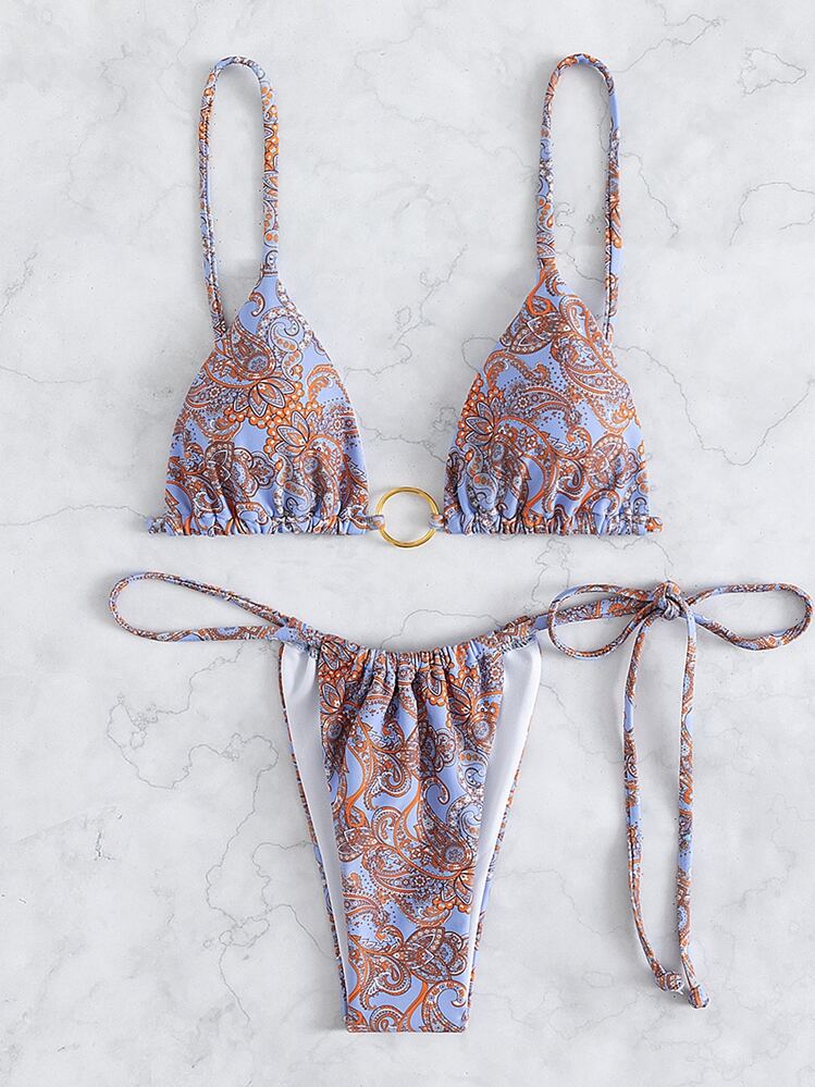 Swim SXY Summer Beach Paisley Print Bikini Set Triangle Bra & Thong Bottom 2 Piece Western Bathing Suit - Multicolor - View 4