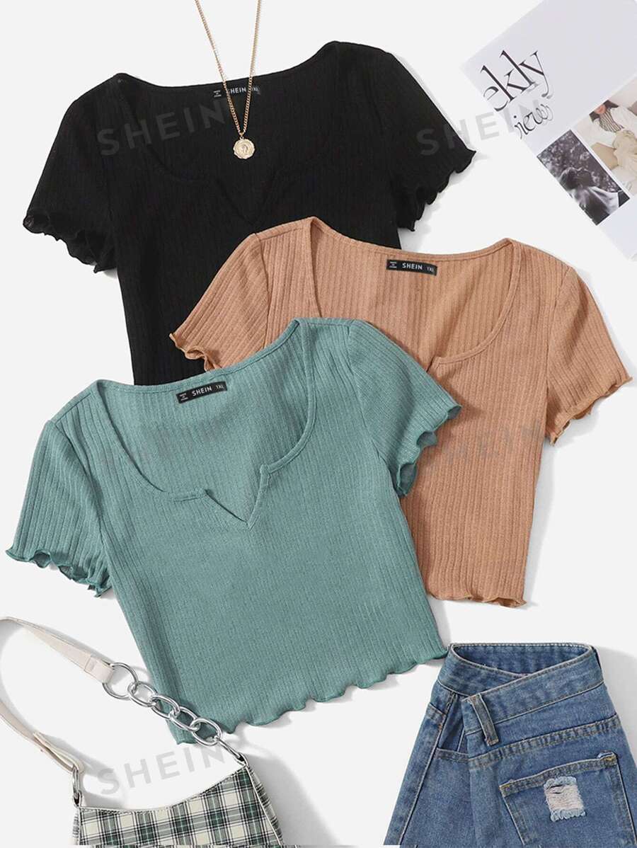 SHEIN EZwear 3 piezas Top de cuello notch ribete en forma de lechuga