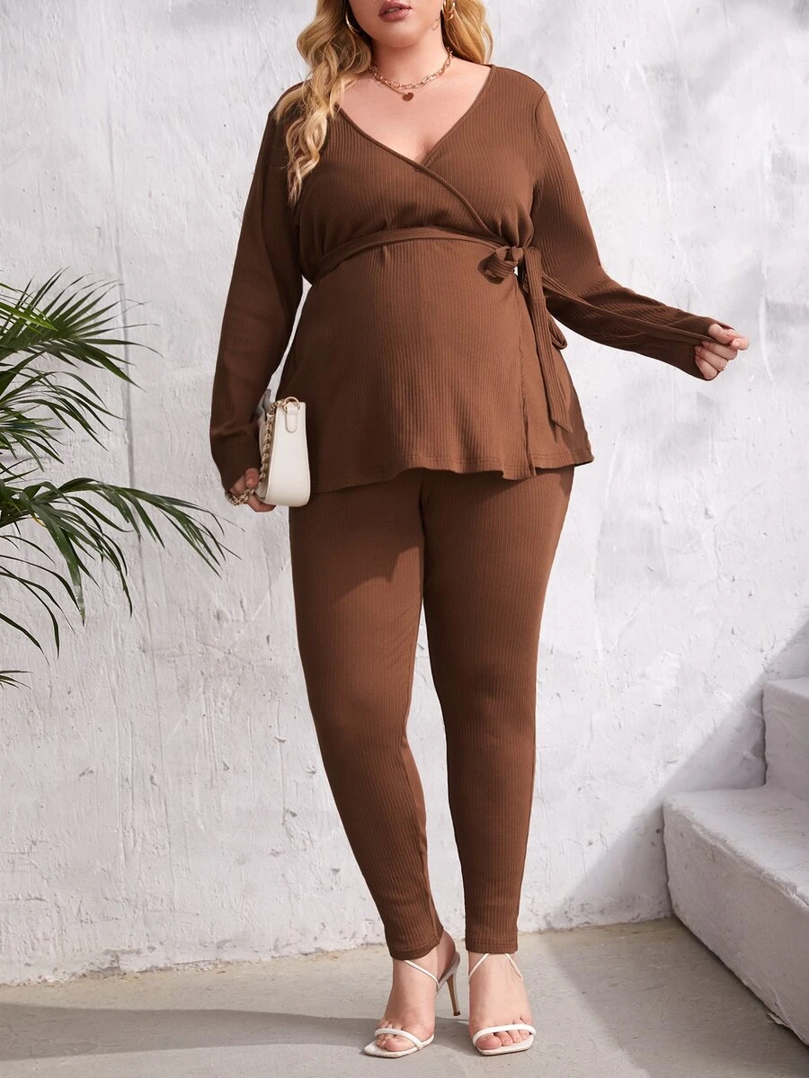 SHEIN Maternity Plus Surplice Neck Belted Top And Trousers Set - Brown - View 1