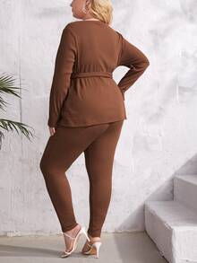 SHEIN Maternity Plus Surplice Neck Belted Top And Trousers Set - Brown - View 2