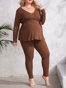 SHEIN Maternity Plus Surplice Neck Belted Top And Trousers Set - Brown - View 3